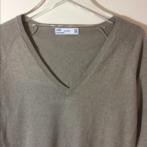 Zara Women V Neck Sweater Beige XL Cotton Blend Long Sleeve - Picture 7 of 11